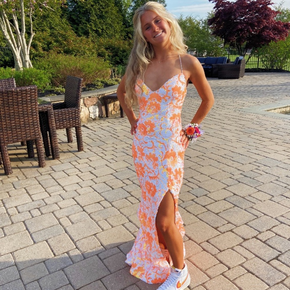 Jovani orange flower prom dress